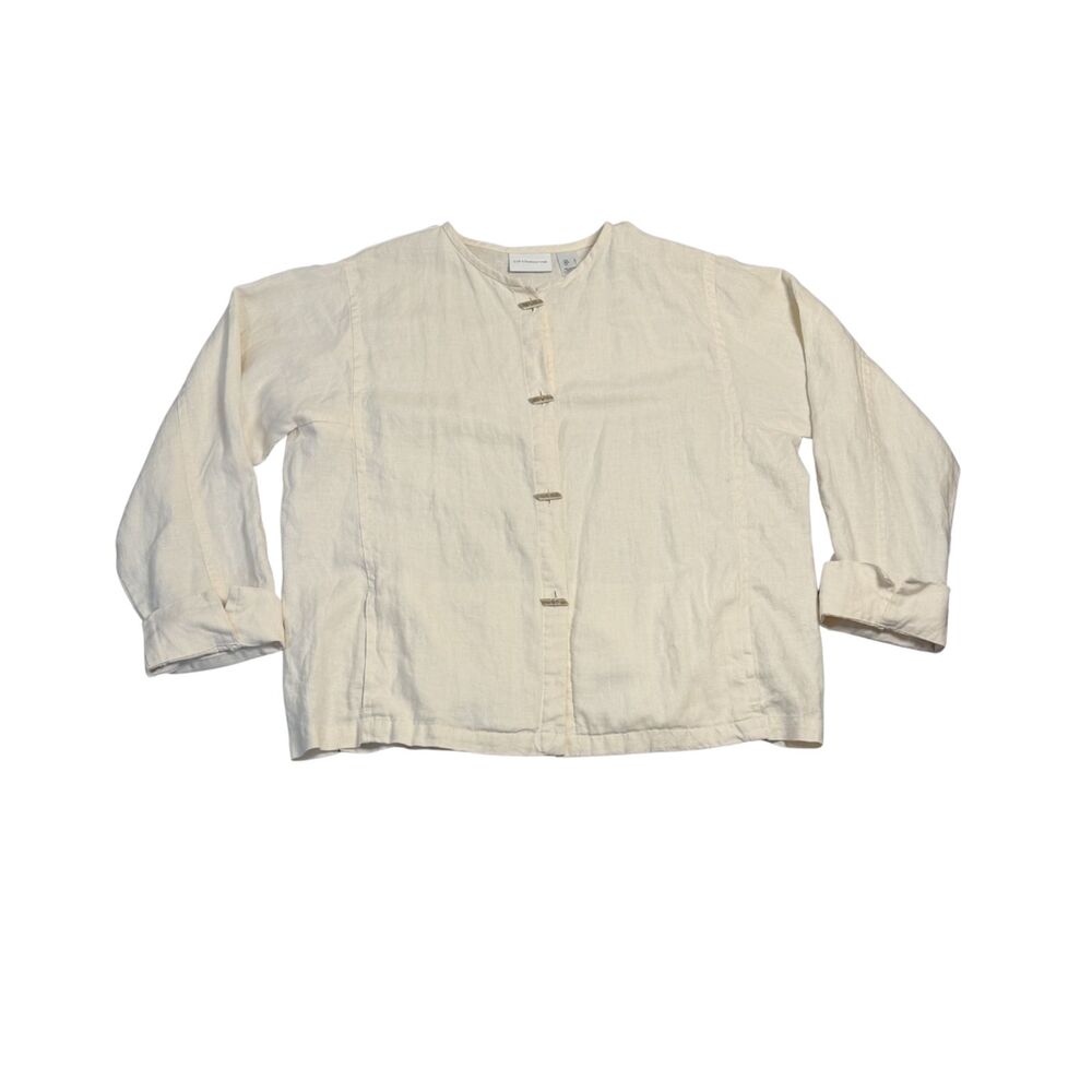 VTG Lagen Look Cream 100% Linen Collarless Shirt Jacket Ivory Toggle Button L
